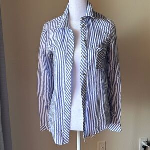 White and blue striped button-up shirt